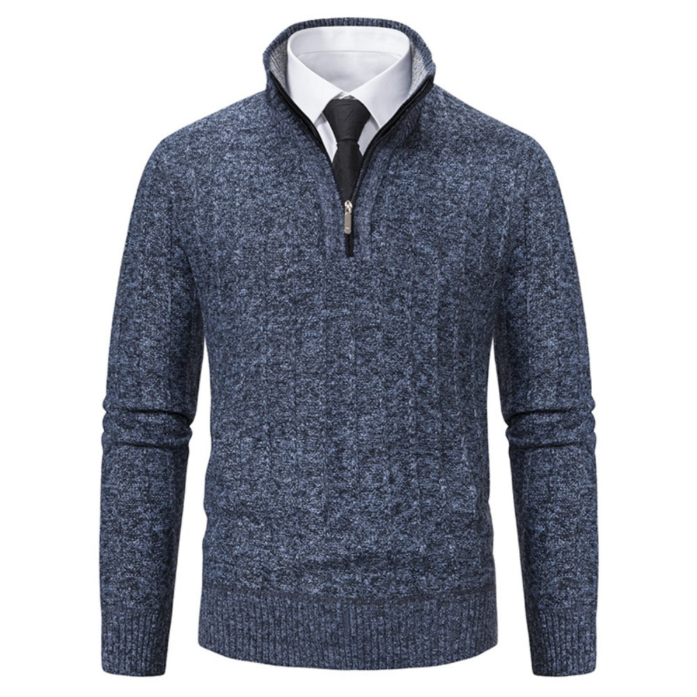New Men's Half-Zip Pullover Knitted Sweater with Fleece Lining, Thickened Warm Base Layer