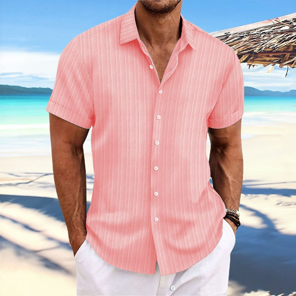Solid Color Jacquard Wave Stripe Short Sleeve Shirt Men's Daily Casual Open Front