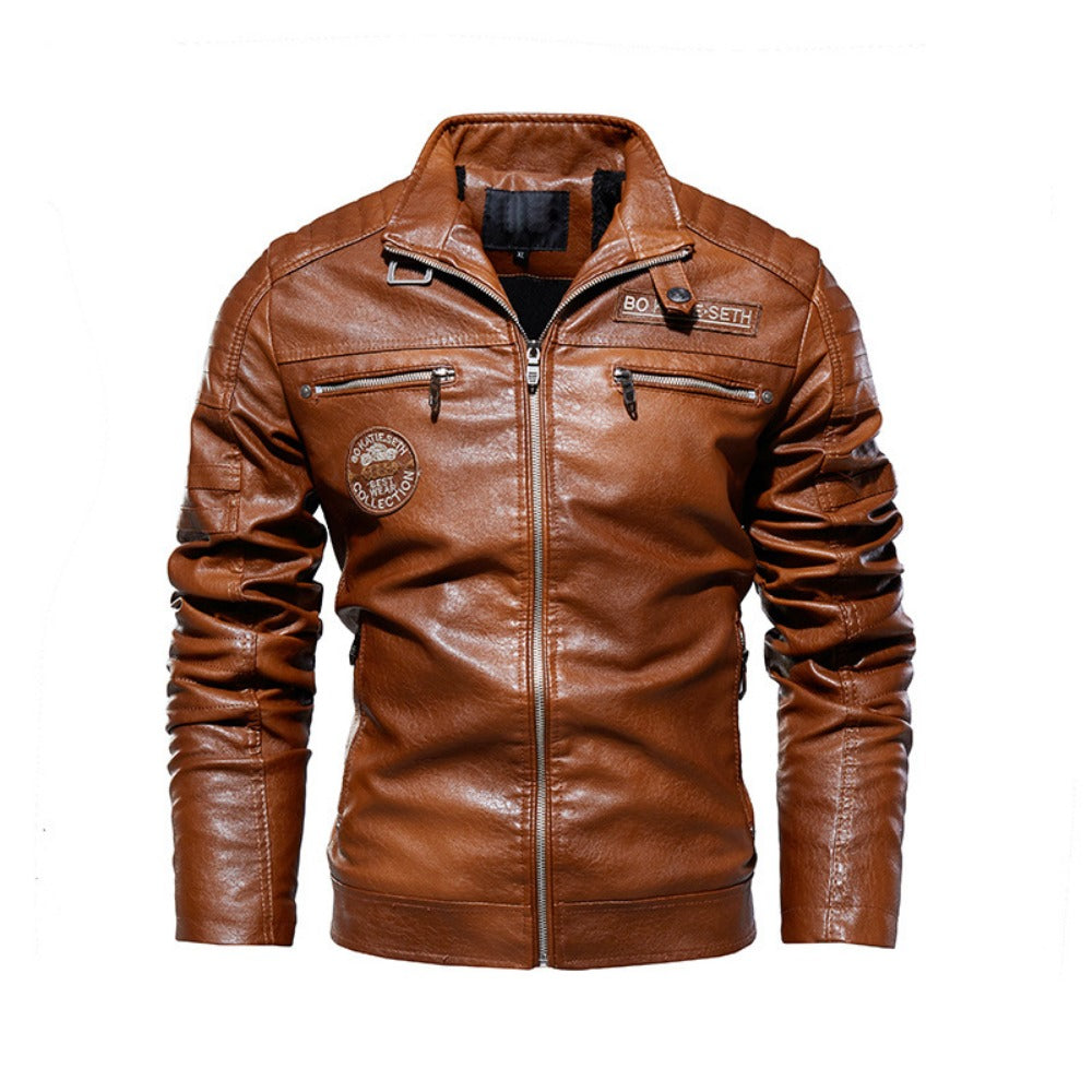 New Men's PU Leather Biker Jacket Fleece-Lined Coat