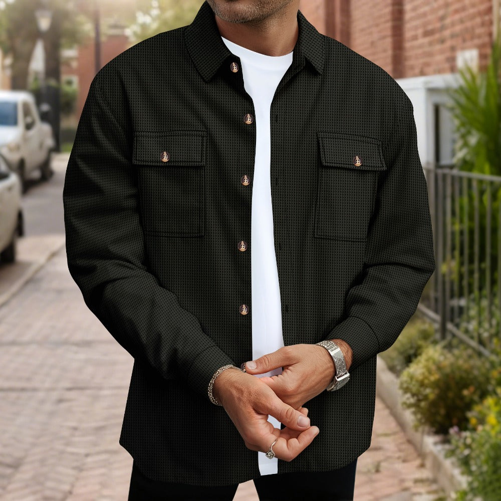Mens Solid Color Waffle Knit Long Sleeve Button Down Shirt with Dual Pockets