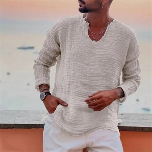 Youth Washed Distressed V-Neck Linen Long-Sleeve Shirt with Frayed Hem