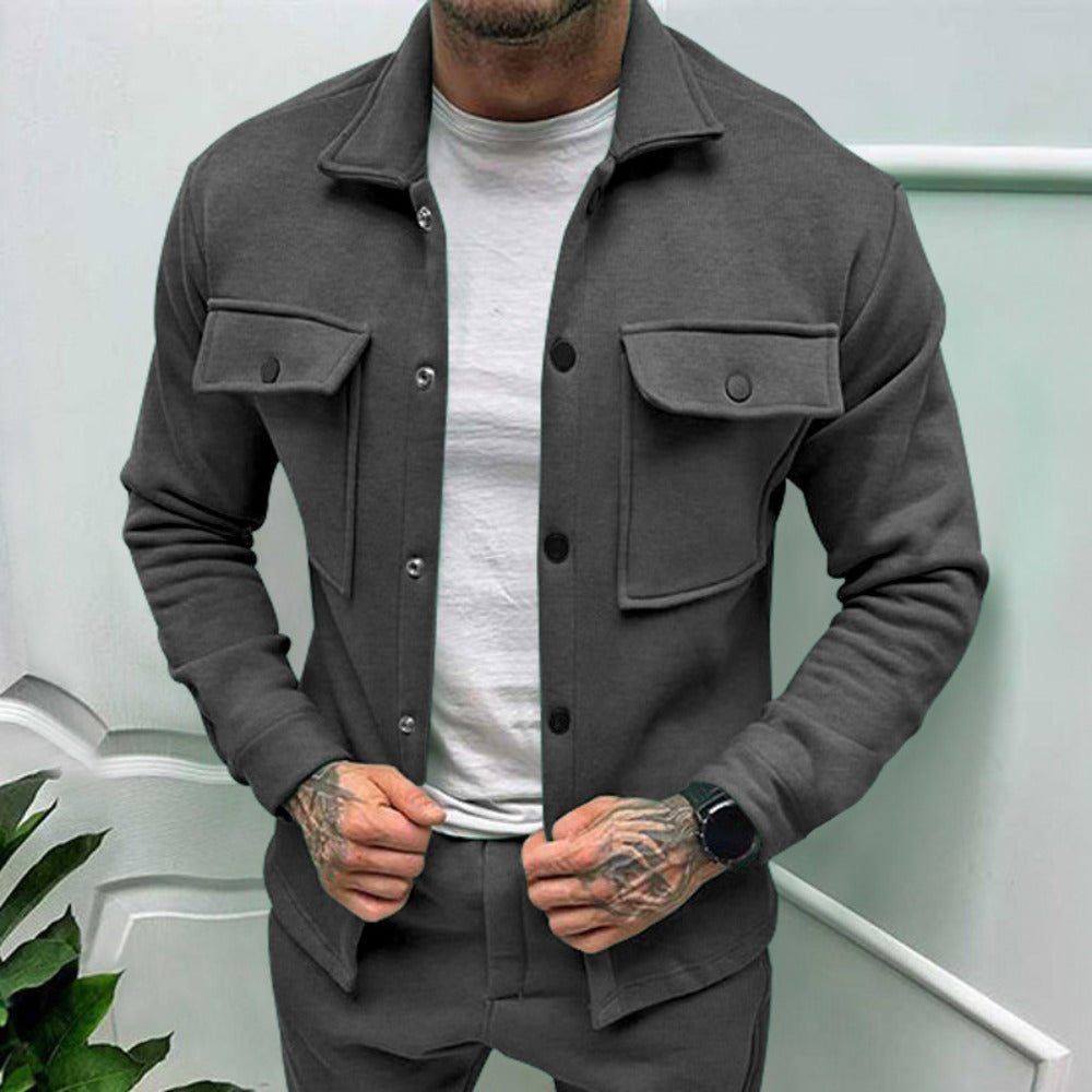 Men’s Fashion Casual Button Pocket Fleece Jacket Long Sleeve Solid Color Outerwear