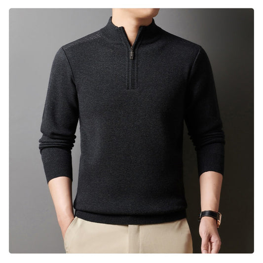 Stand-Up Collar Zipper Knit Sweater for Men – Casual Solid Color Pullover