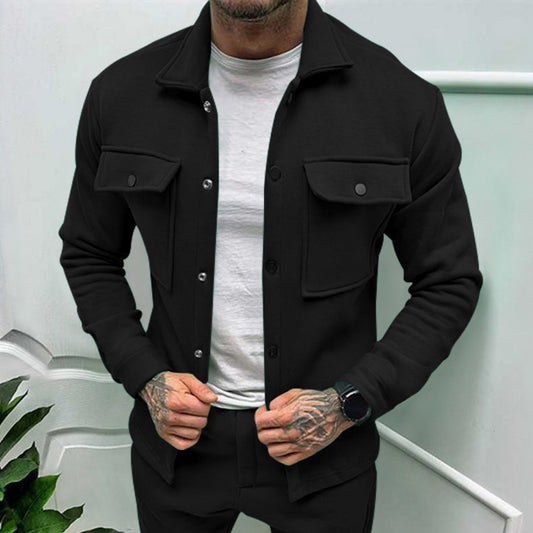 Men’s Fashion Casual Button Pocket Fleece Jacket Long Sleeve Solid Color Outerwear