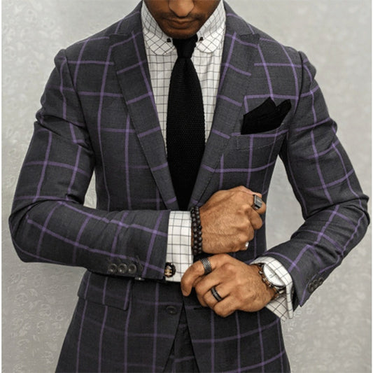 SingleBreasted TwoButton Checkered Blazer  Men's Slim Fit Suit