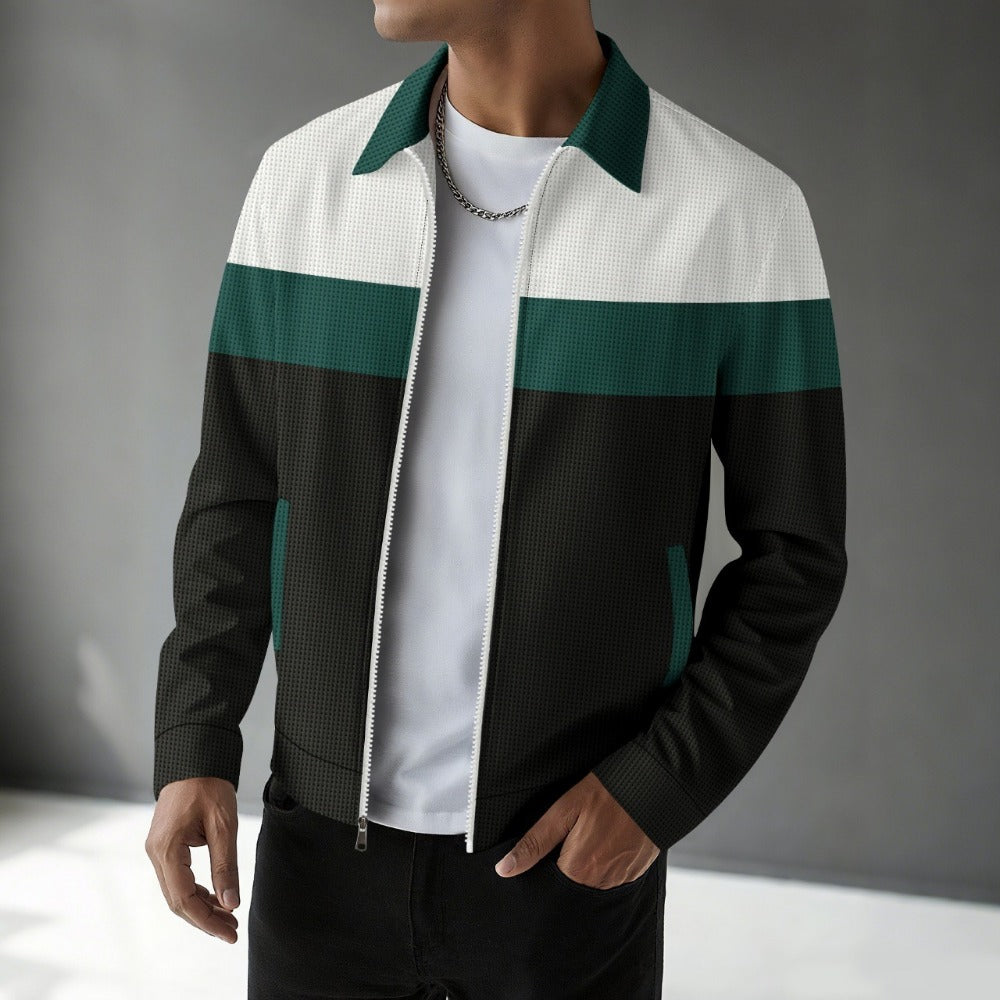 Men’s Autumn Colorblock Waffle Jacket Zip Pocket Turn-Down Collar Cardigan Slim Fit Jacket