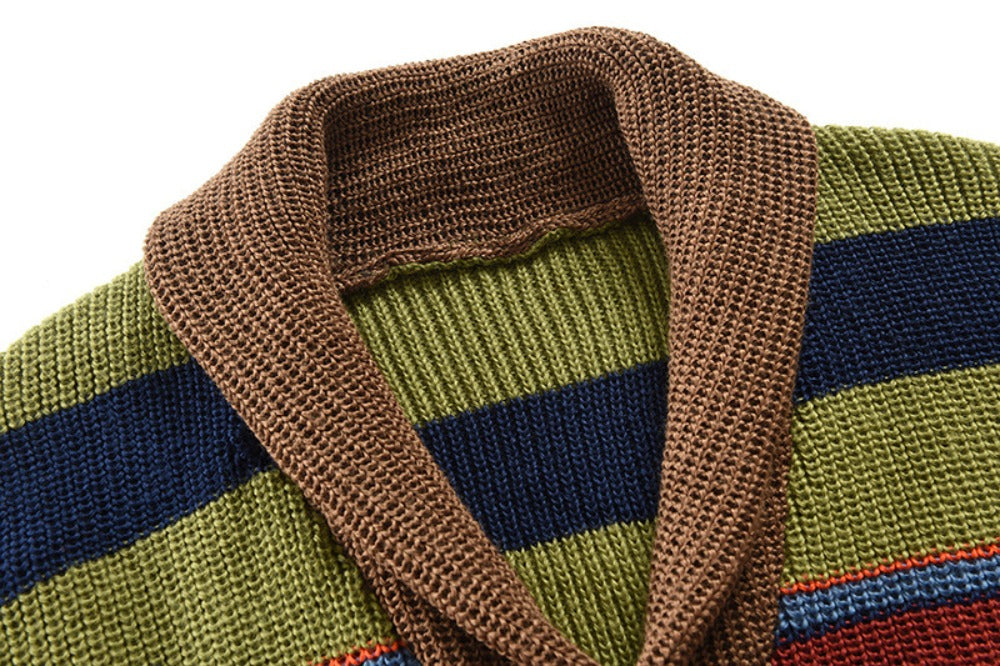 Men’s Knitted Cardigan with Lapel Contrast Color Thickened Winter Sweater
