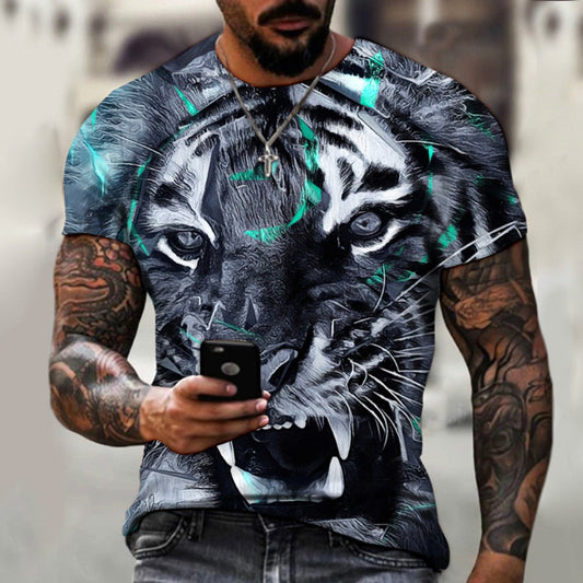 Hot New Men's 3D Digital Print Black Cat Round-Neck Short-Sleeve Tee