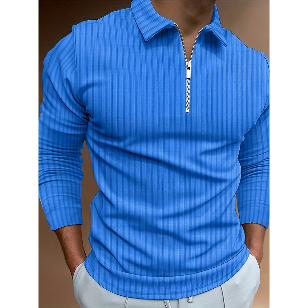 Autumn New 3D Print Stripe Men's Casual Long Sleeve Zipper Polo Shirt