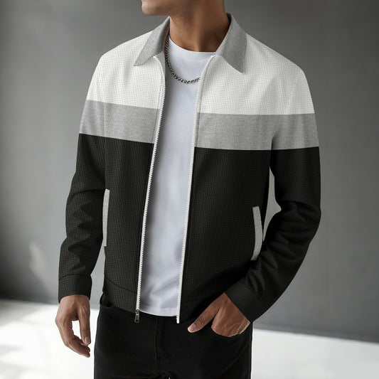 Men’s Autumn Colorblock Waffle Jacket Zip Pocket Turn-Down Collar Cardigan Slim Fit Jacket