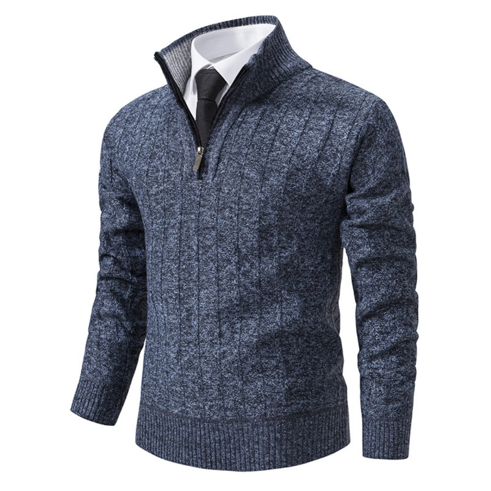 New Men's Half-Zip Pullover Knitted Sweater with Fleece Lining, Thickened Warm Base Layer
