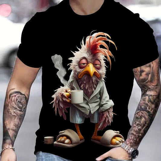Novelty Print Men's Black/Gray/White Polyester Round-Neck Machine-Washable T-Shirt