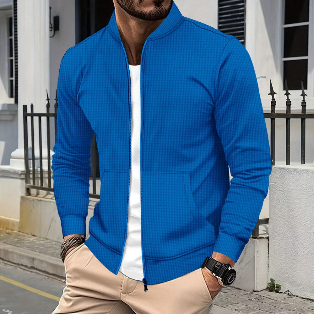 New Men's Waffle Knit Solid Color Zip-Up Baseball Jacket with Pockets