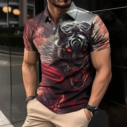 New Summer Men's Polo Shirt Patchwork Print 3D Print Simple Turn-Down Collar Button Shirt