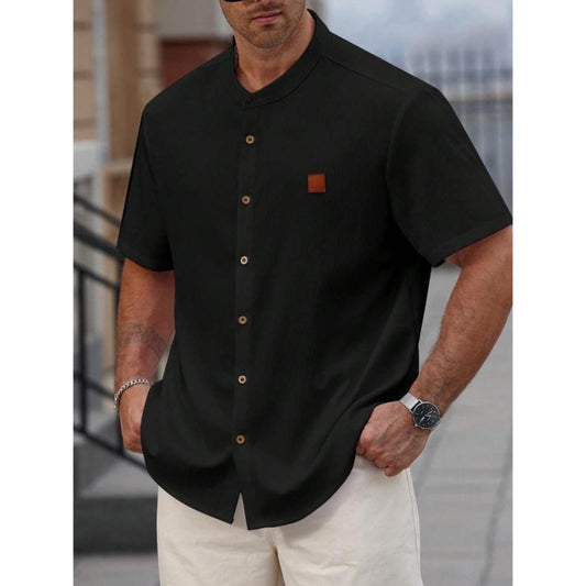 Plus Size Men's Casual Henry Shirt with Stand Collar Short Sleeve
