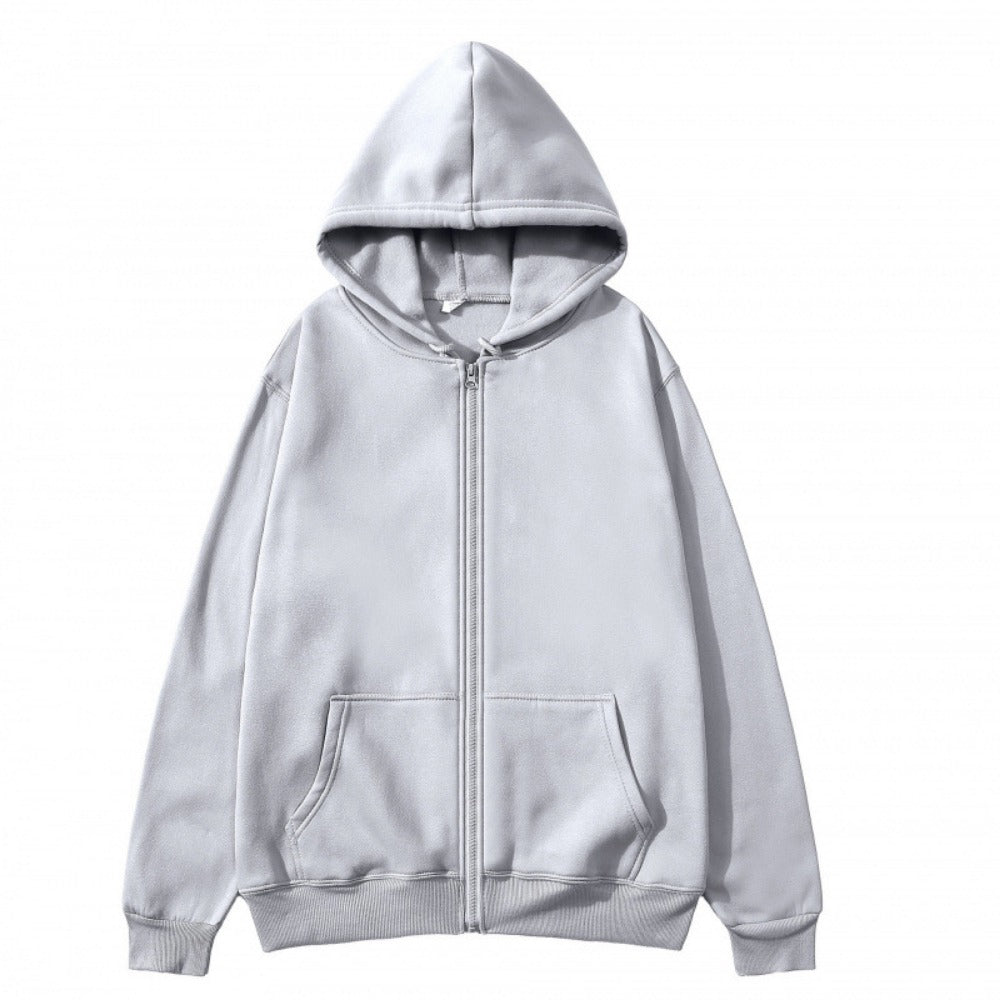Unisex Zip-Up Hoodie Open-Front Solid Color Sportswear Top