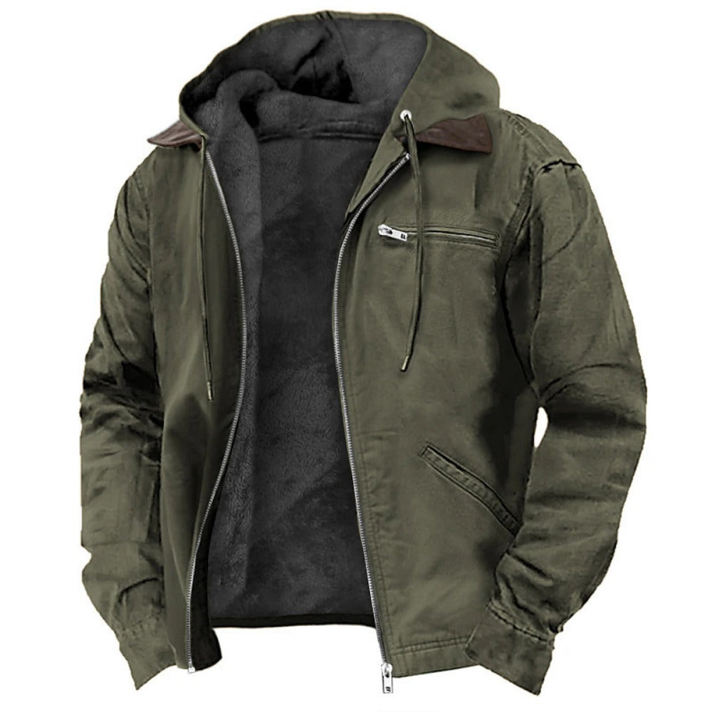 Solid Color Hooded Fleece-Lined Zip-Up Casual Jacket