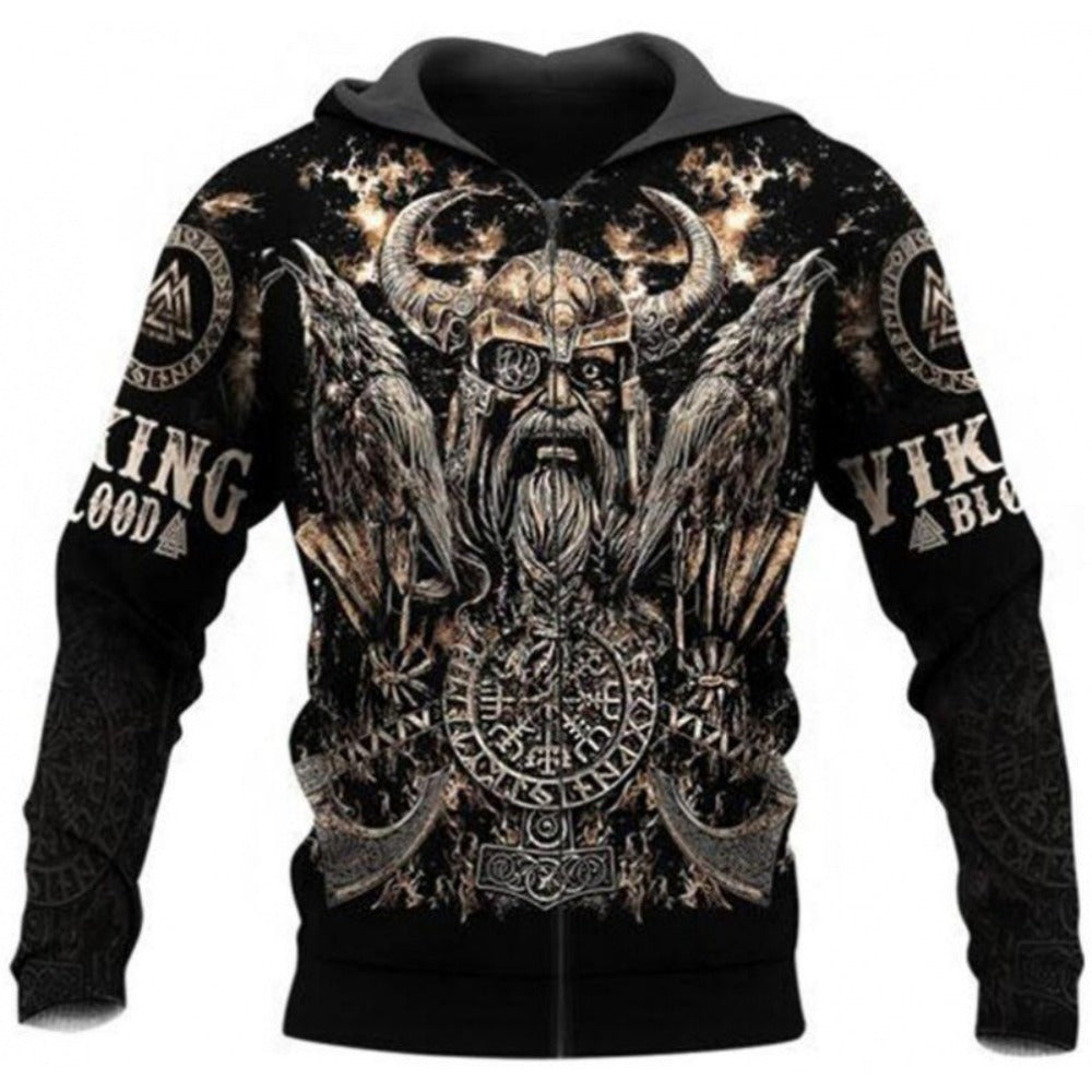New Viking Norse Myth 3D Print Zip-Up Hoodie Men's Loose Fit Jacket