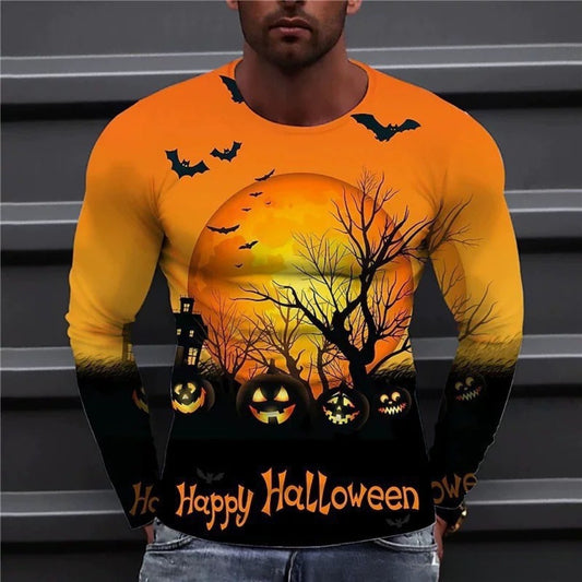 Men's Skeleton Print Round-Neck Long-Sleeve Streetwear Casual Tee