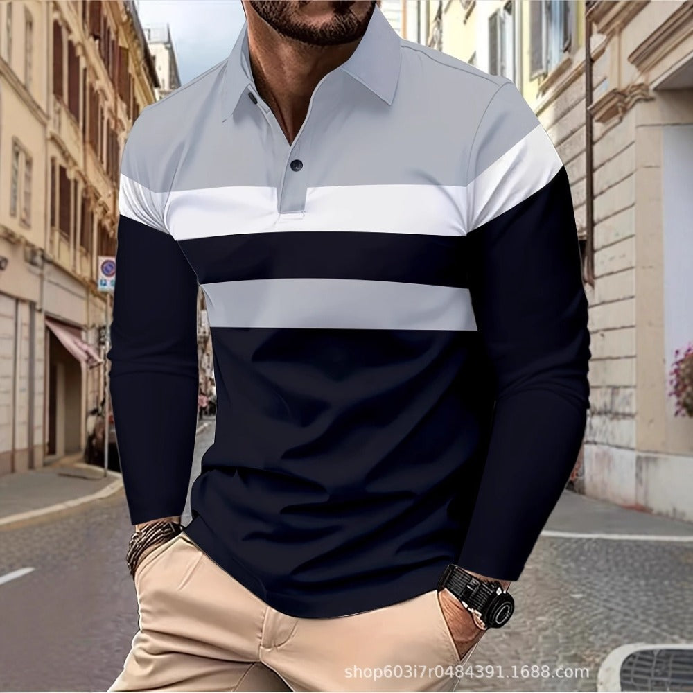 New Men's Casual Polo Shirt Long Sleeve 3D Print Spring Autumn Style Turn-Down Collar Top