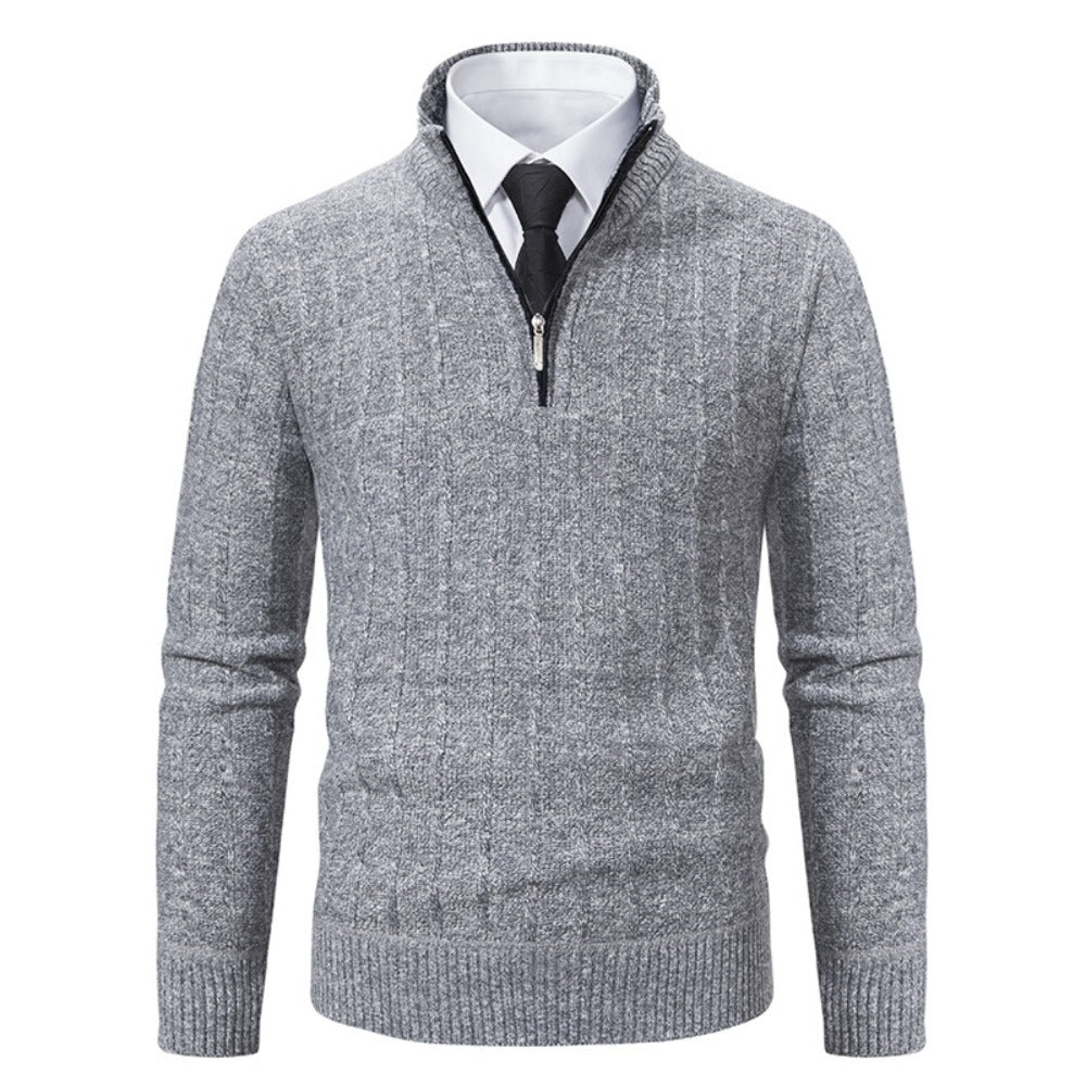 New Men's Half-Zip Pullover Knitted Sweater with Fleece Lining, Thickened Warm Base Layer