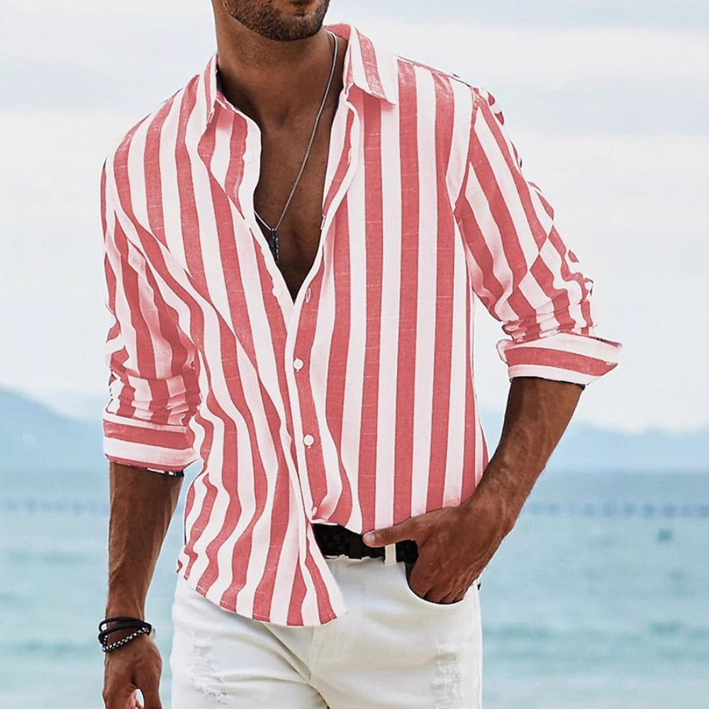 Men's Spring/Autumn Daily Casual Yarn-Dyed Stripe Flip Collar Long Sleeve Shirt
