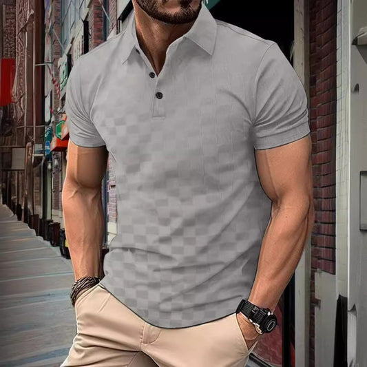 Summer New Ice Silk Plaid Jacquard Turn-Down Collar Short Sleeve Men's Daily Casual Polo Shirt