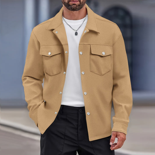 Men’s Casual Fall Jacket with Lapel Single-Breasted Design and Dual Flap Pockets