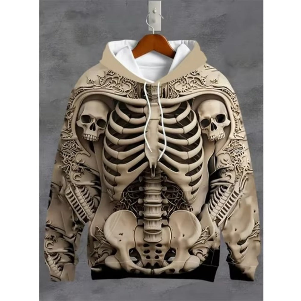 Vintage Men's Sweatshirt 3D Digital Print Skull Design Casual Hoodie