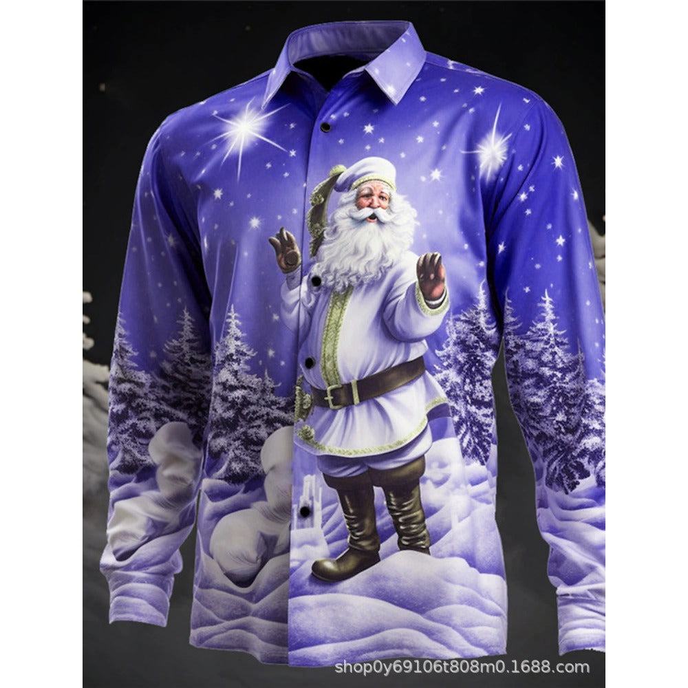 New Plus Size Men's 3D Christmas Print Slim Fit Men's Christmas Print Long Sleeve Shirt Fashion