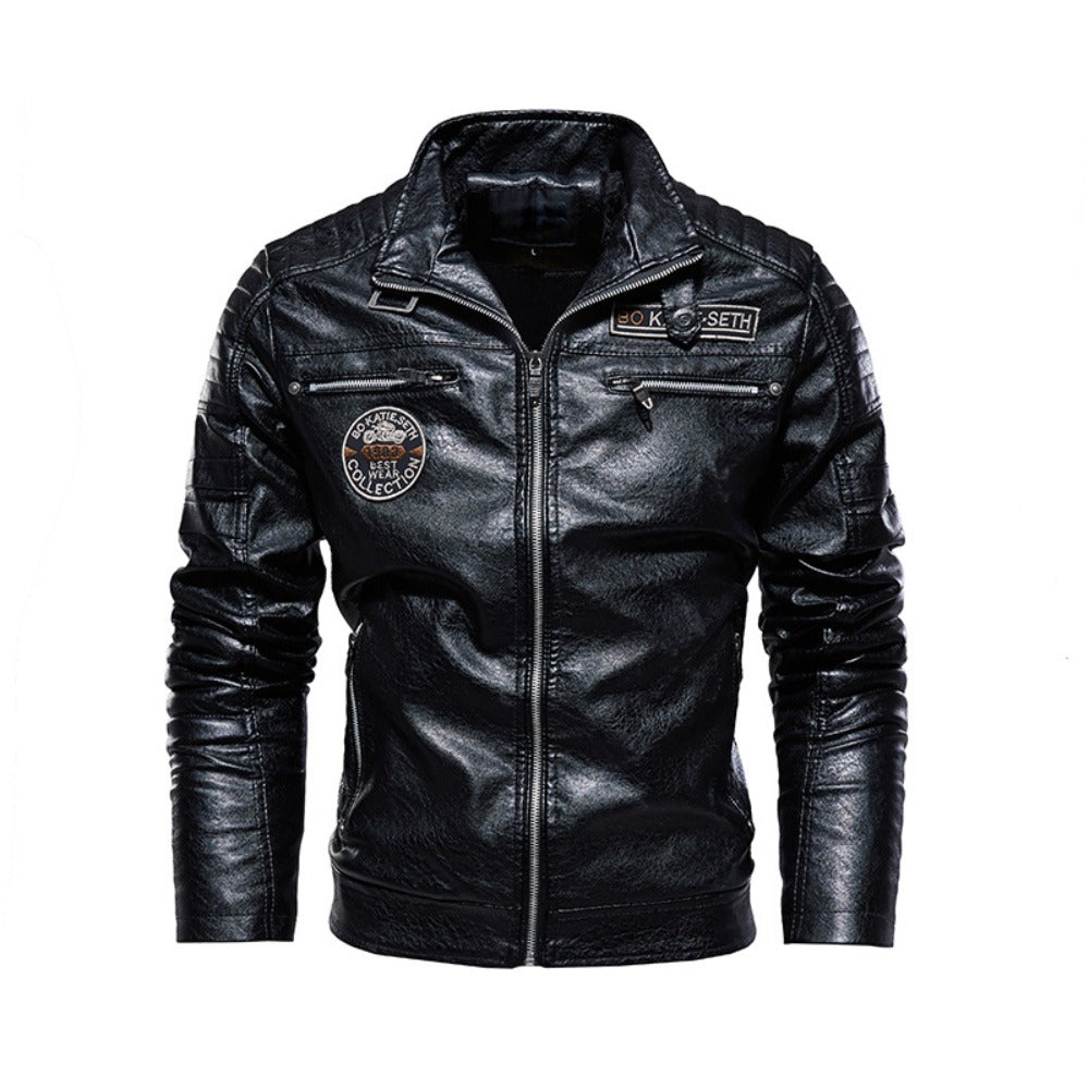 New Men's PU Leather Biker Jacket Fleece-Lined Coat