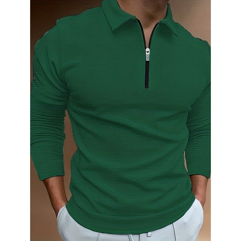 Autumn New 3D Print Plaid Men's Casual Long Sleeve Zipper Polo Shirt