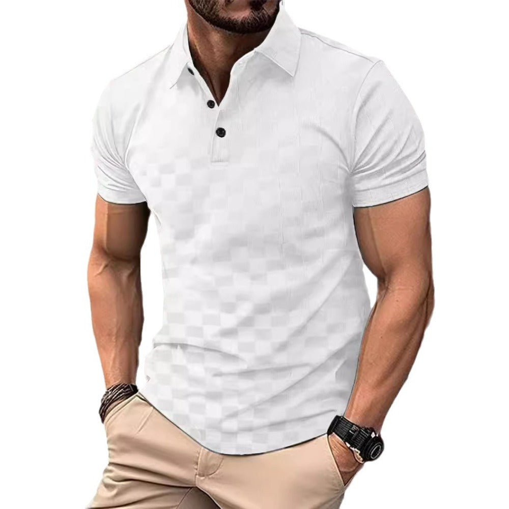 Summer New Ice Silk Plaid Jacquard Turn-Down Collar Short Sleeve Men's Daily Casual Polo Shirt