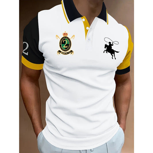 Polo Shirt Color-Block Print Men's Wear Short Sleeve Casual Fitted Turn-Down Collar Shirt