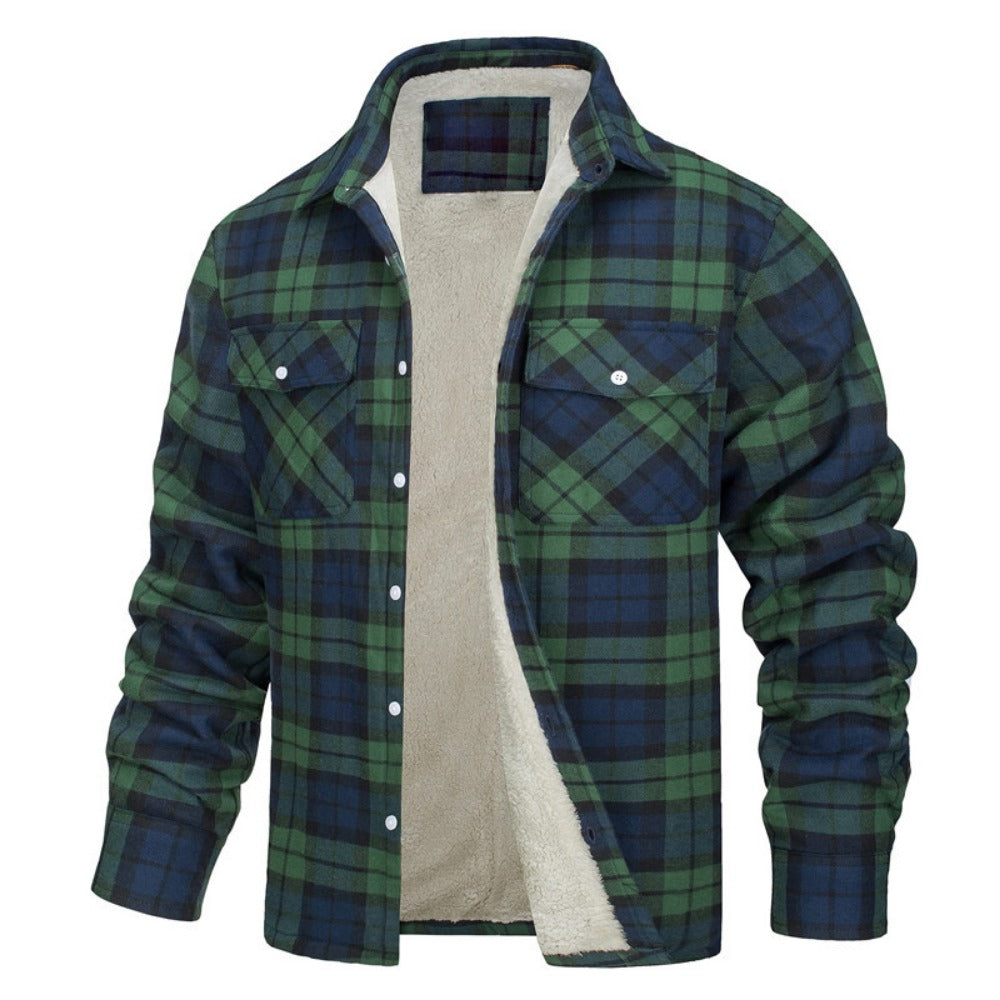 New Fleece-Lined Plaid Long-Sleeve Lapel Button-Up Casual Jacket