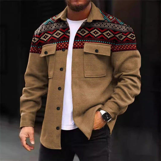 New Men's Ethnic Print Long-Sleeve Button-Up Shirt Jacket