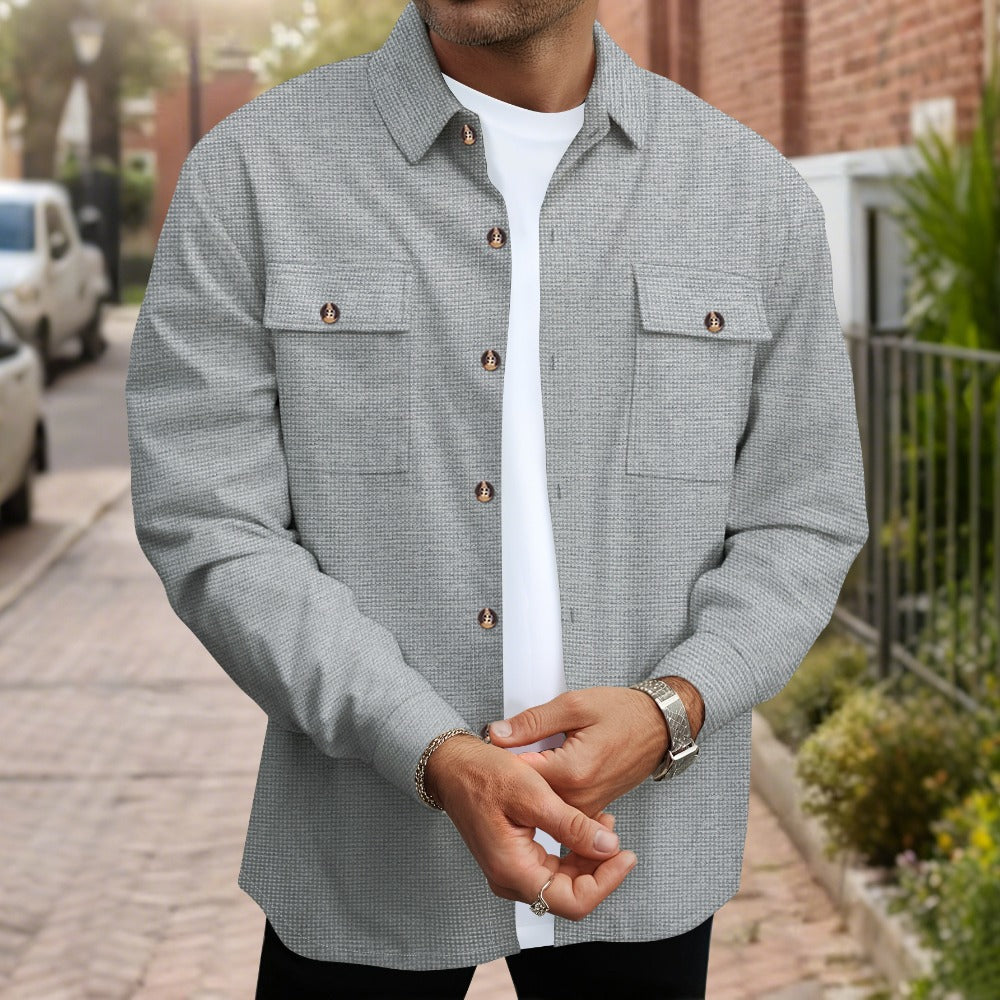 Mens Solid Color Waffle Knit Long Sleeve Button Down Shirt with Dual Pockets