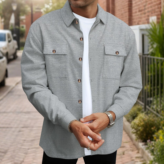 Mens Solid Color Waffle Knit Long Sleeve Button Down Shirt with Dual Pockets