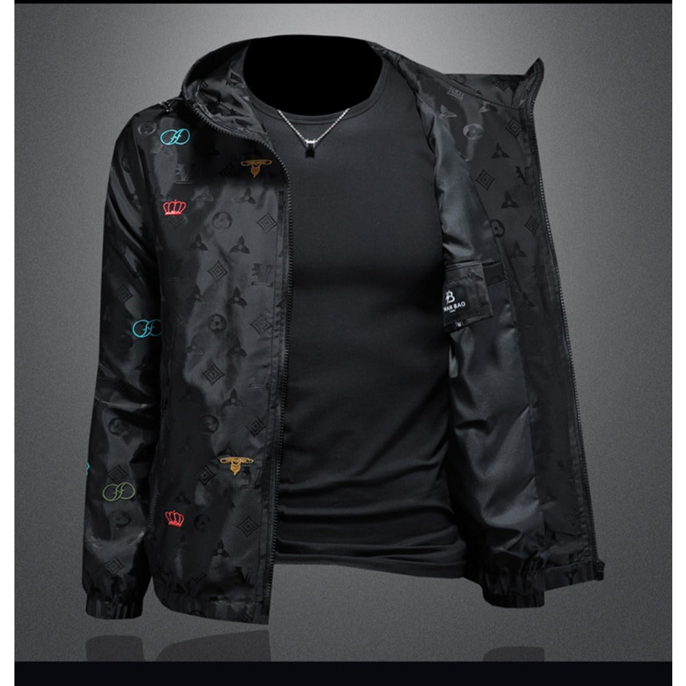 New Men's Color-Block Hooded Embroidered Jacket