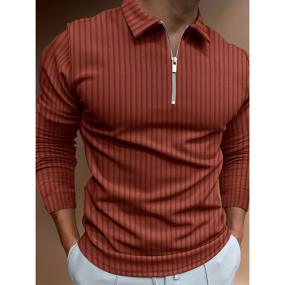 Autumn New 3D Print Stripe Men's Casual Long Sleeve Zipper Polo Shirt