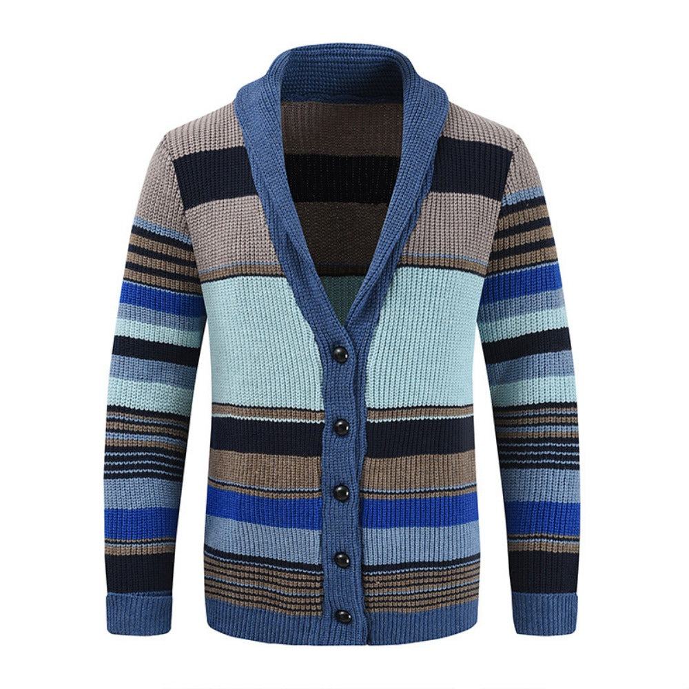 Men’s Knitted Cardigan with Lapel Contrast Color Thickened Winter Sweater