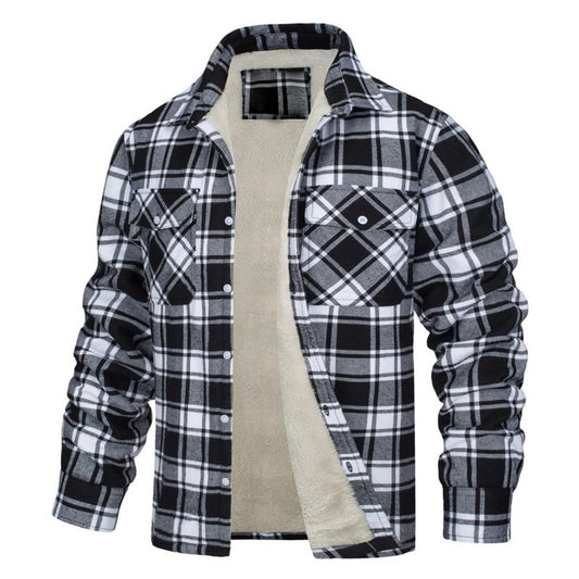 New Fleece-Lined Plaid Long-Sleeve Lapel Button-Up Casual Jacket