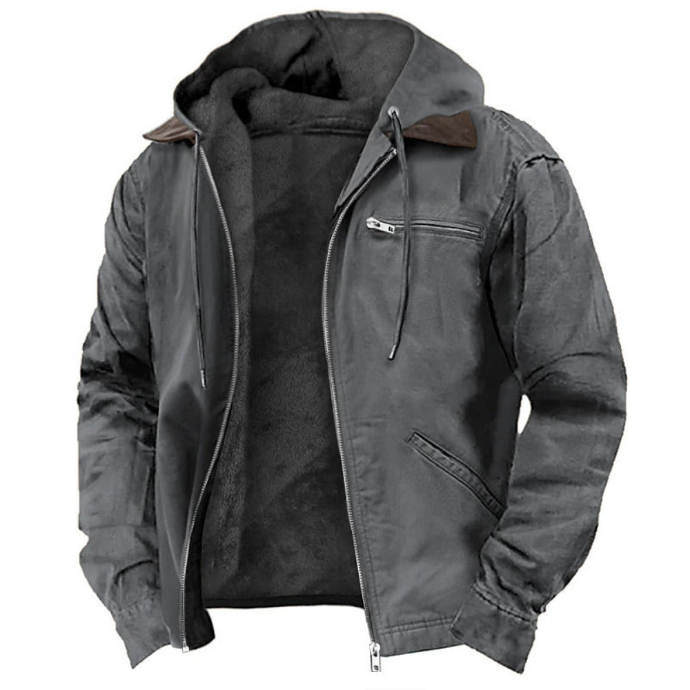 Solid Color Hooded Fleece-Lined Zip-Up Casual Jacket