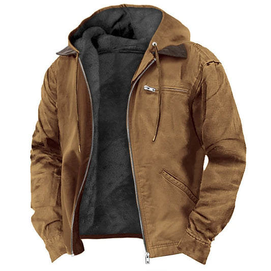 Solid Color Hooded Fleece-Lined Zip-Up Casual Jacket