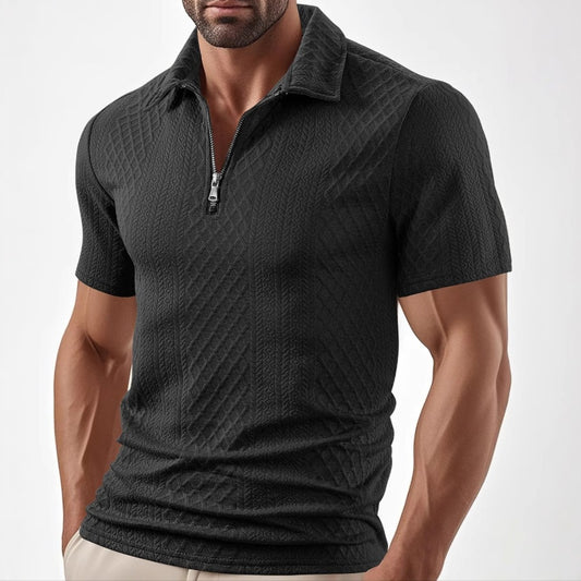 Men's Wear New Casual Polo Zipper Turn-Down Collar Shirt Solid Color Short Sleeve Business Slim Fit