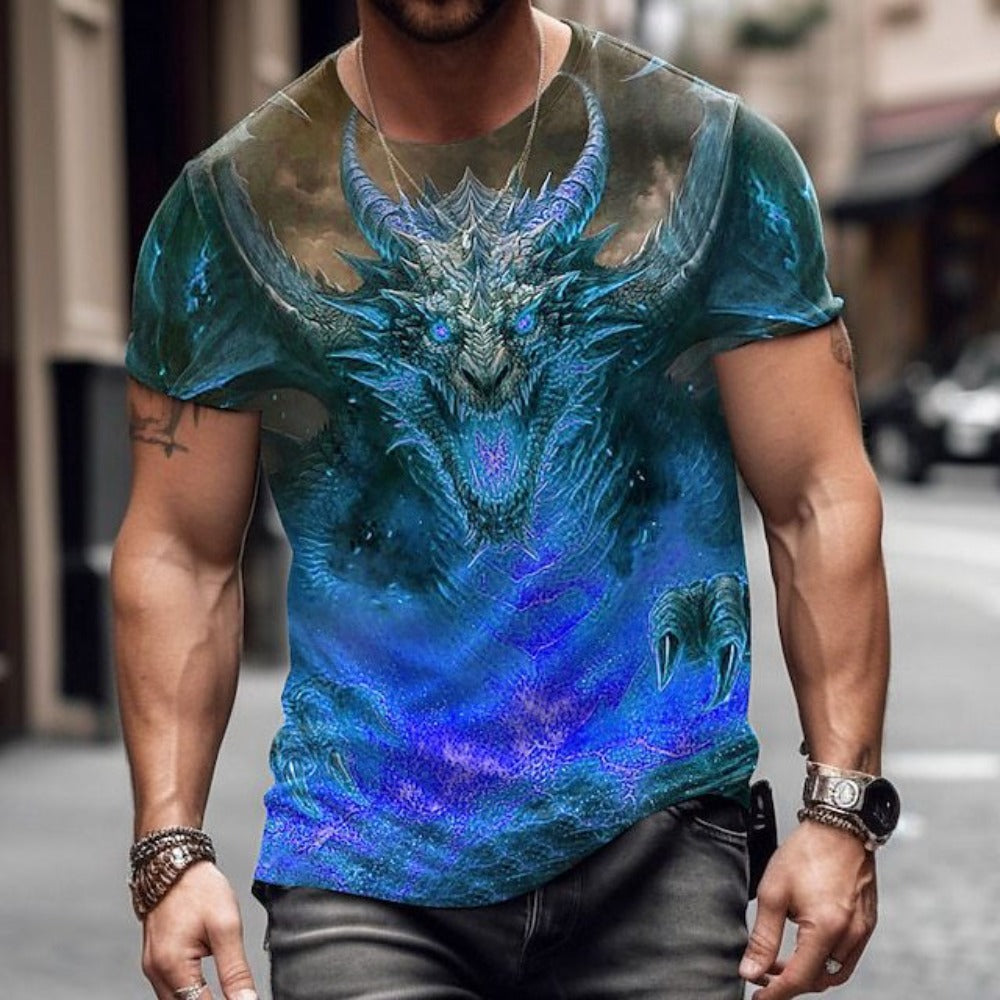 New Casual Versatile High-Quality Dragon Print Men's Short-Sleeve Tee