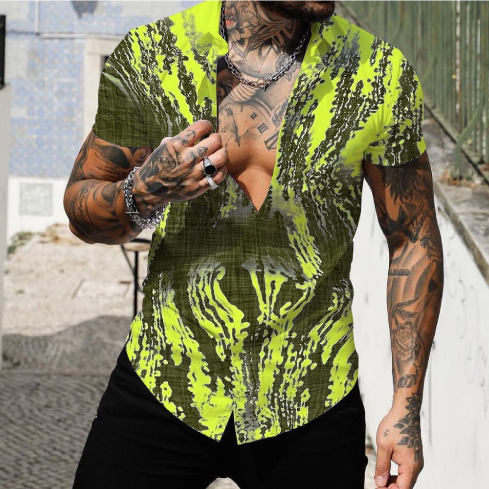 Beach Surf Men's Shirt 3D Digital Geometric Hawaiian Print Muscle Short Sleeve