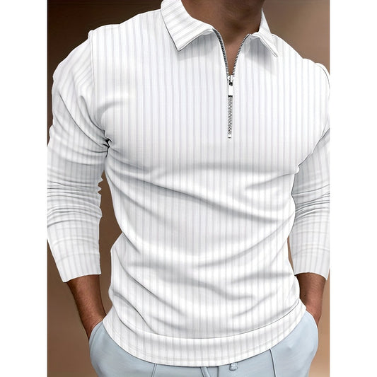 Autumn New 3D Print Stripe Men's Casual Long Sleeve Zipper Polo Shirt