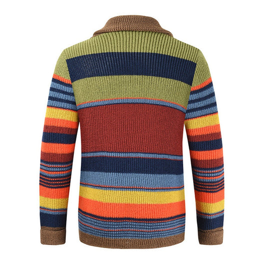 Men’s Knitted Cardigan with Lapel Contrast Color Thickened Winter Sweater