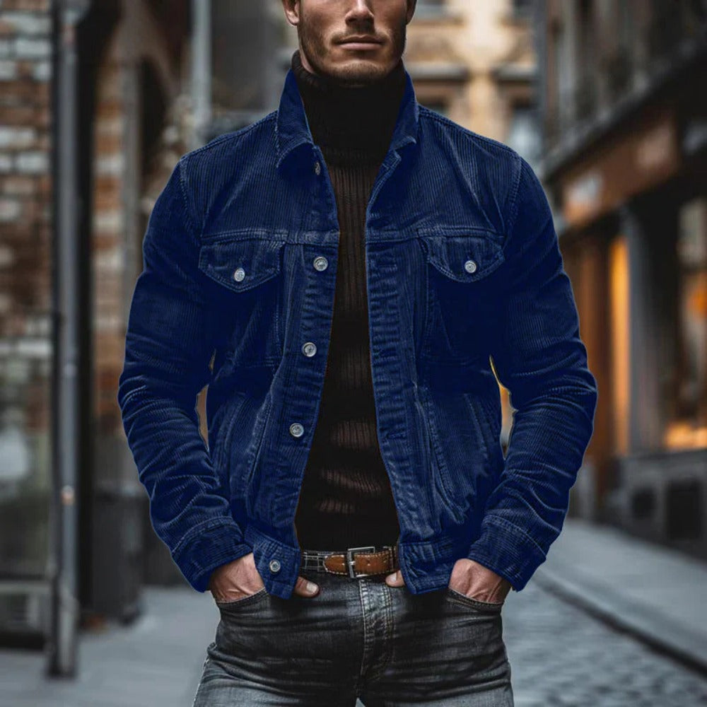 New Men's Corduroy Long-Sleeve Striped Lapel Jacket with Pockets